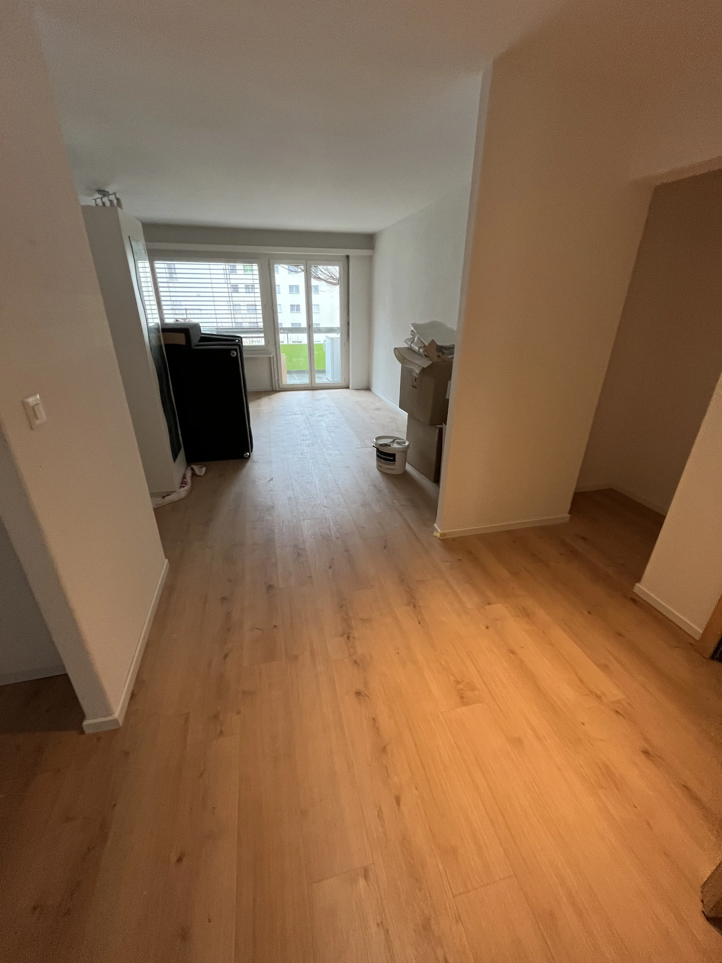 Renovierter Flur mit Holzboden und weissen Wänden