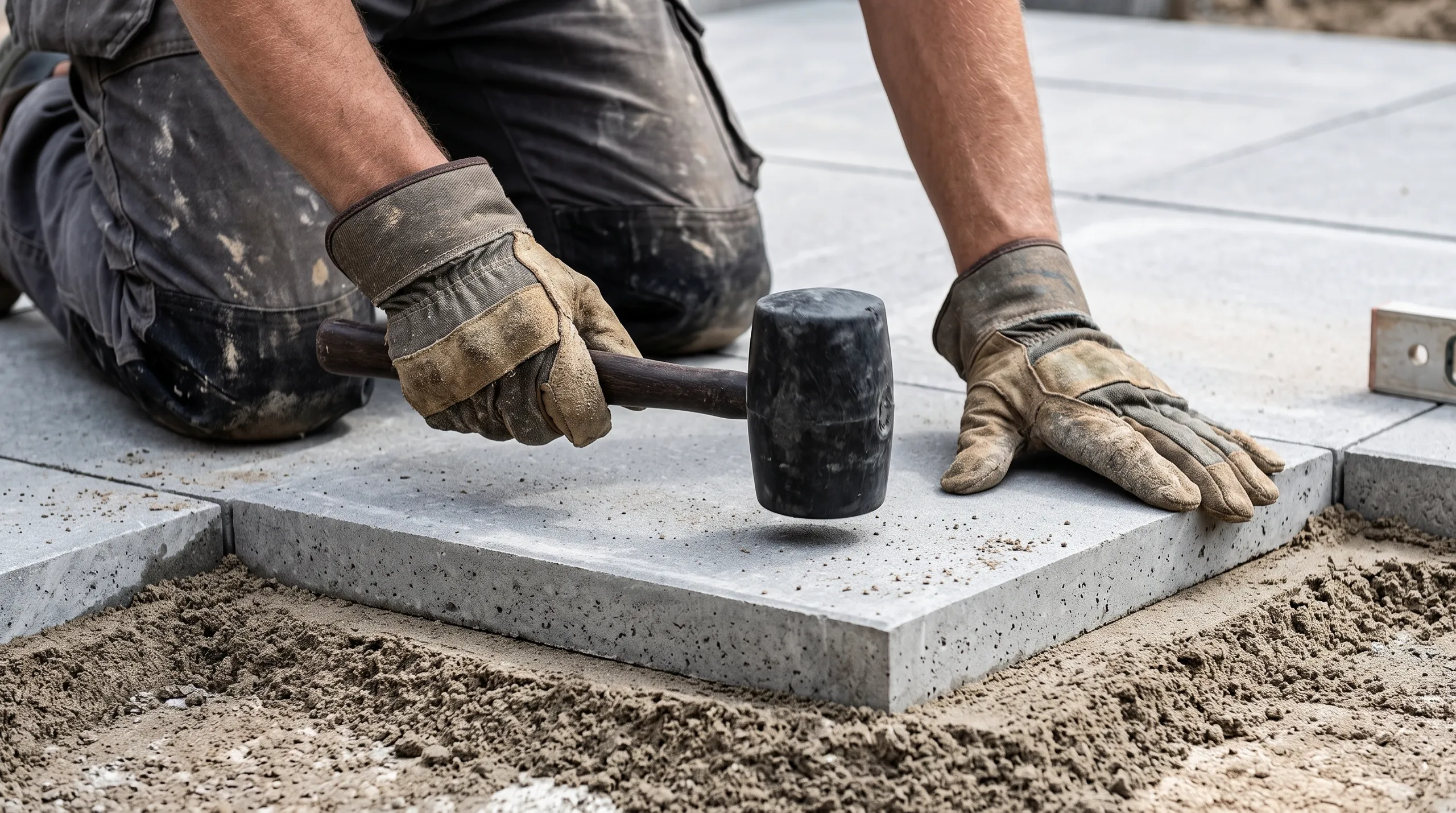 Ein Handwerker verlegt Betonplatten mit einem Gummihammer auf einer Baustelle